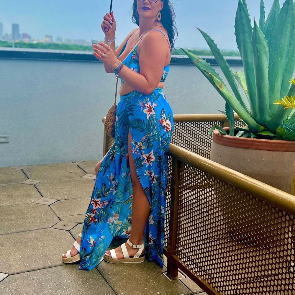 Bohemian Floral Printed 2 Piece- Crop Cami Top & Split Beach Party Maxi Dress